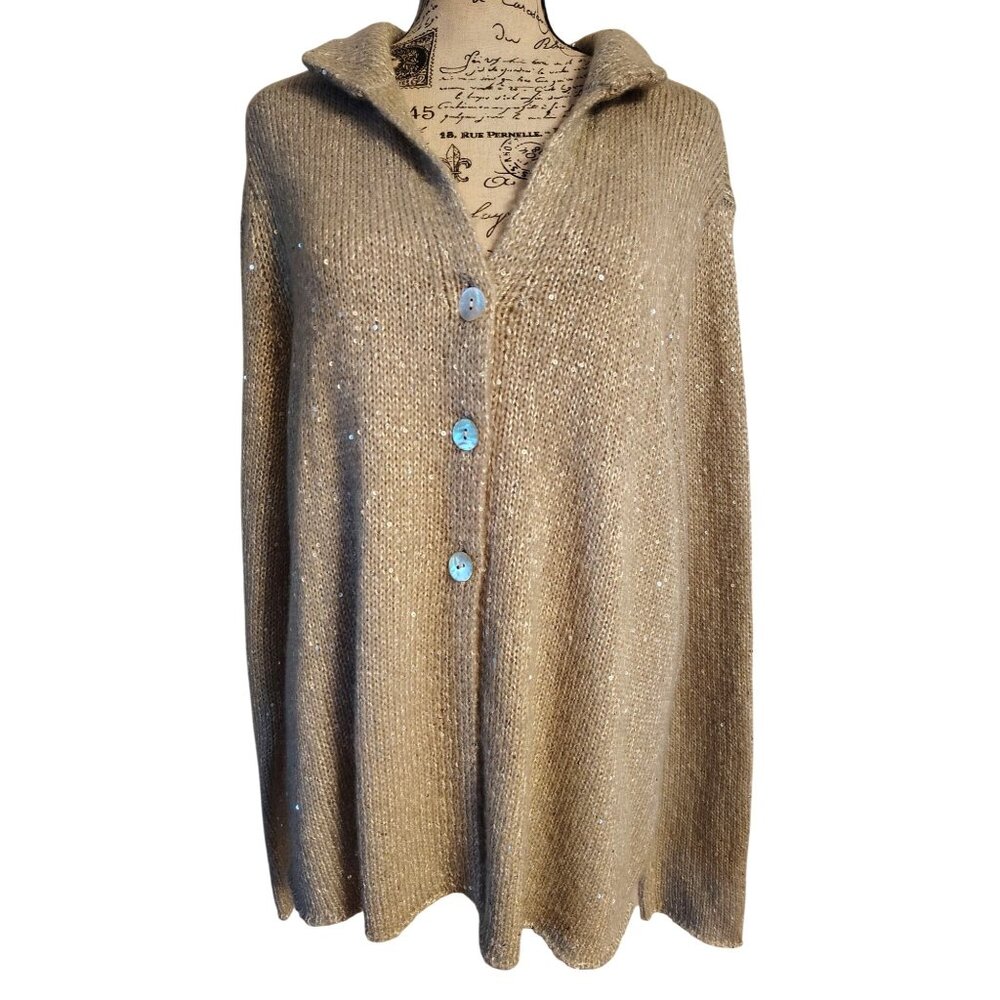 J. Jill XL Beige Sparkle Cardigan Sweater, Button Front, Grannycore Long Sleeve